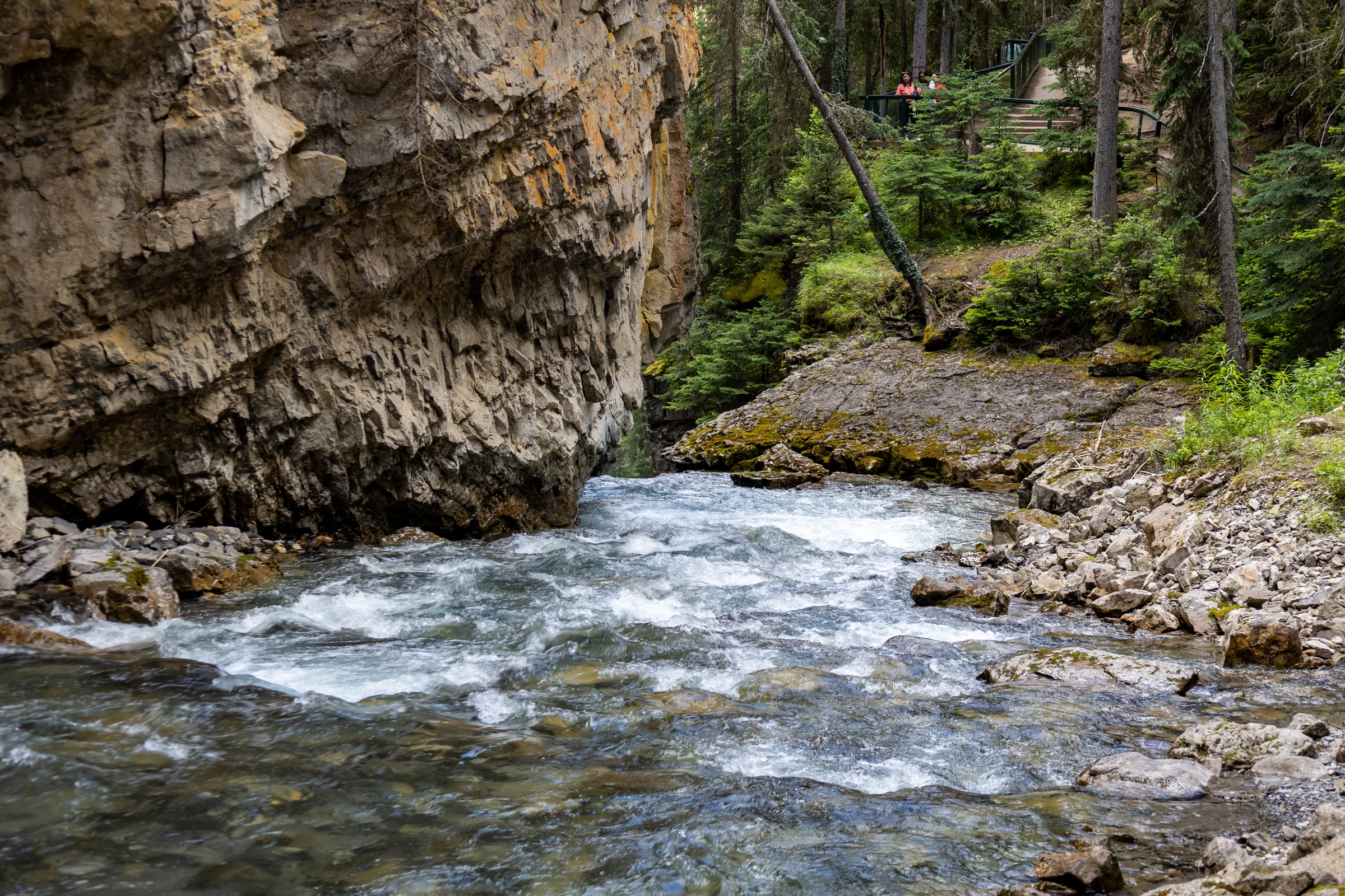 Fast water passing through the limestone walls of Johnston Canyon.