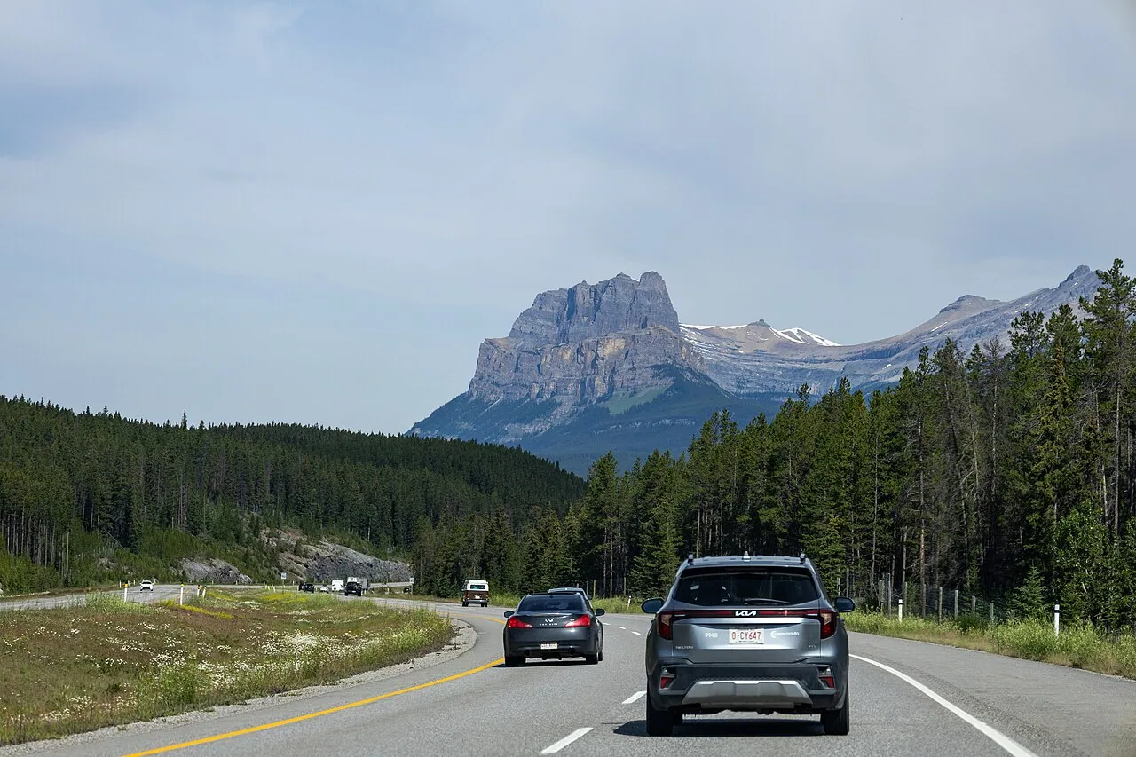 Vehicles travelling west on the Trans-Canada Highway through Banff National Park.