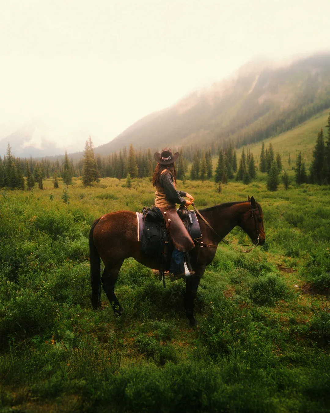 A horseback rider crossing an open mountain meadow.