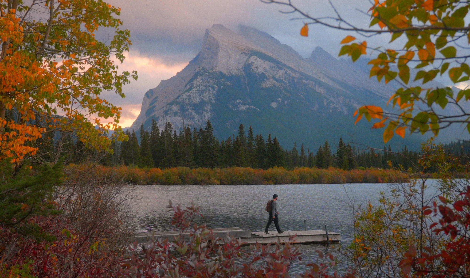 A person walking on a dock at Vermilion Lakes beneath a mountain and autumn foliage.